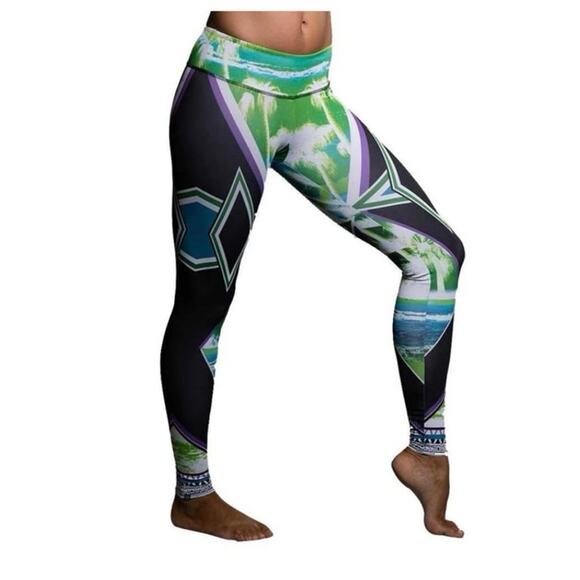 Onzie Small Medium Hot Yoga Graphic Print Legging Palm‎ Sunset Black Green Blue - Picture 5 of 9
